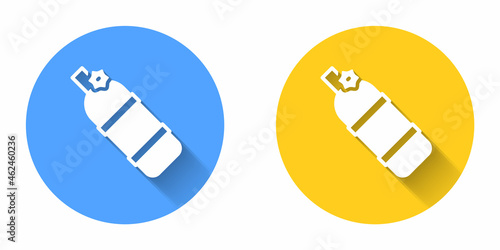 White Aqualung icon isolated with long shadow background. Oxygen tank for diver. Diving equipment. Extreme sport. Diving underwater equipment. Circle button. Vector