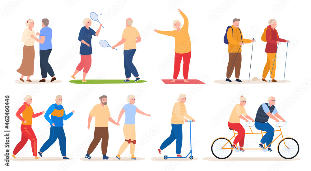 Older people active sports recreation set vector illustration elderly man and woman dancing, running