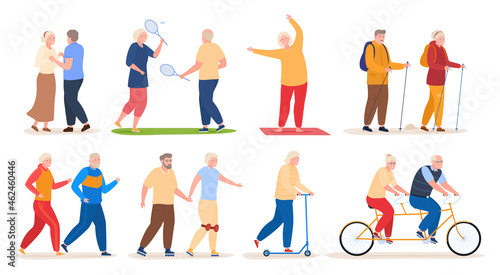 Older people active sports recreation set vector illustration elderly man and woman dancing  running
