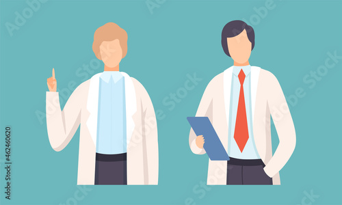 Man Doctor in White Coat Giving Advise and Holding Clipboard Vector Set