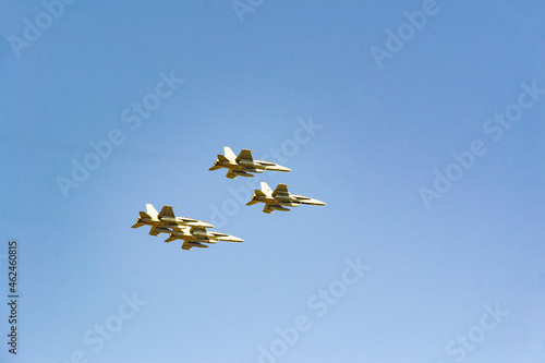 MADRID, SPAIN - OCTOBER 12, 2023. The aircraft of the Spanish Air Force participate in the air parade for the National Day of October 12. In Europe. Helicopters, seaplanes, fighters. Eurofighter.