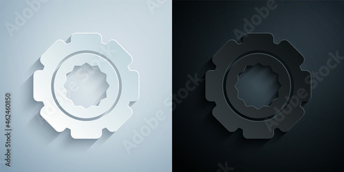 Paper cut Gear icon isolated on grey and black background. Cogwheel gear settings sign. Cog symbol. Paper art style. Vector