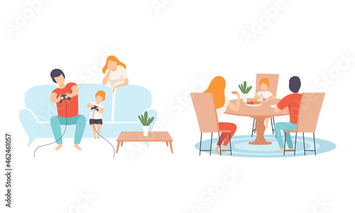 Fototapeta Naklejka Na Ścianę i Meble -  Happy Family with Man and Woman Parent with Kid Spending Good Time Together Playing Video Game and Dining at Table Vector Set