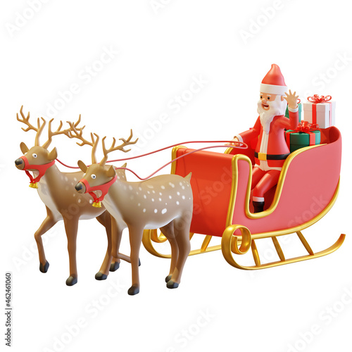 santa claus riding sleigh with two reindeer carrying gift box christmas 3D render illustration