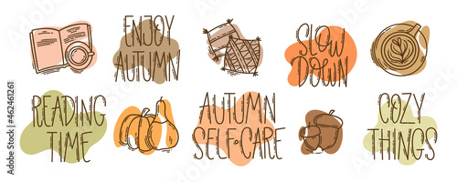 Set of hand-drawn autumn hygge mood vector icons in doodle style and lettering. Cozy cute cartoon elements collection and motivational phrases isolated on white background for seasonal decoration. 