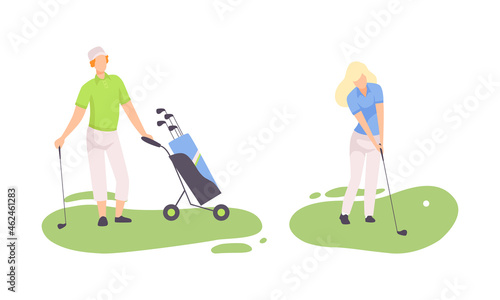 Young Man and Woman on Green Lawn Playing Golf as Club-and-ball Sport Game Vector Set