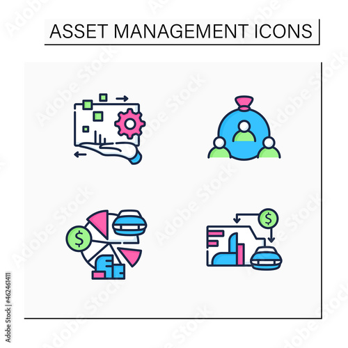 Asset management color icons set. Financial resources. Digital management, human capital, total asset count, value.Business concept. Isolated vector illustration