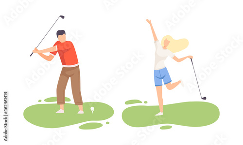 Young Man and Woman on Green Lawn Playing Golf as Club-and-ball Sport Game Vector Set