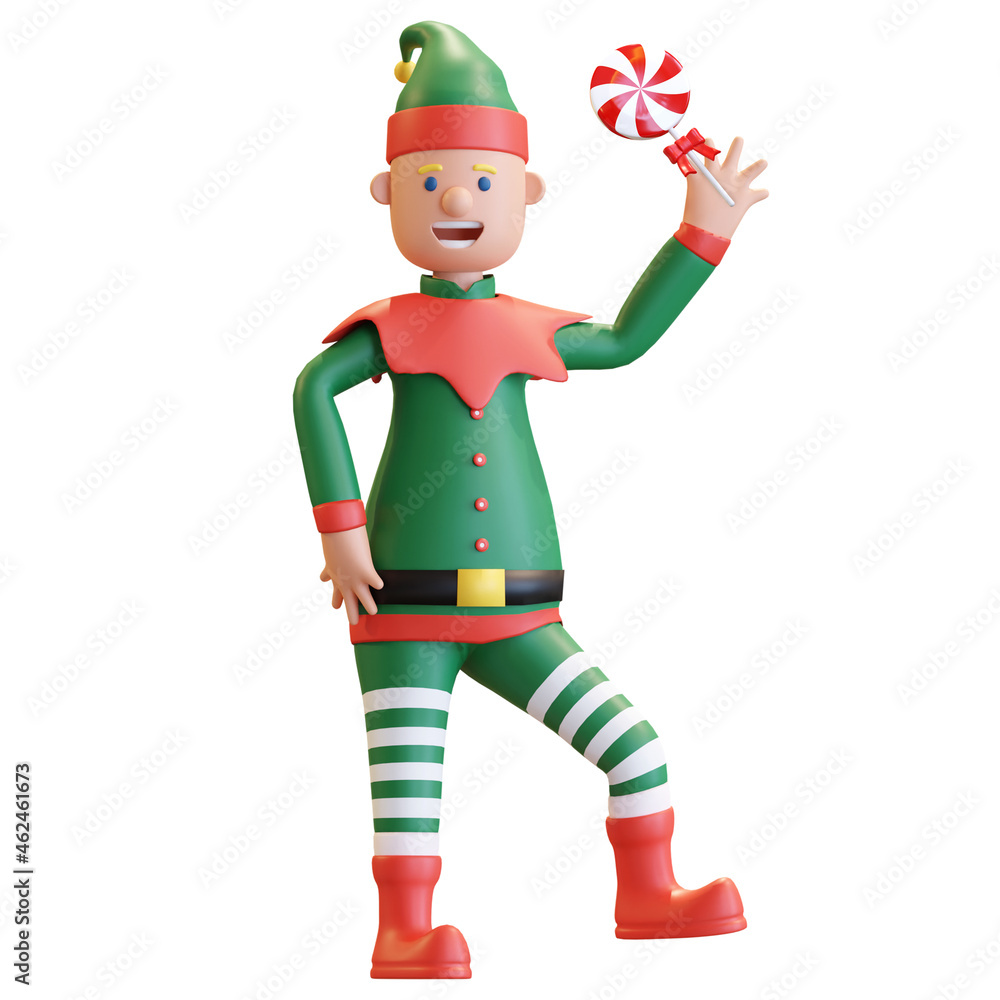 christmas elf holding lollipop candy with happy face 3D render illustration christmas elf holding lollipop candy with happy face 3D render illustration