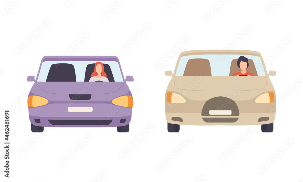 Man and Woman Driving Car Sitting at Driver Seat of Motor Vehicle Vector Set
