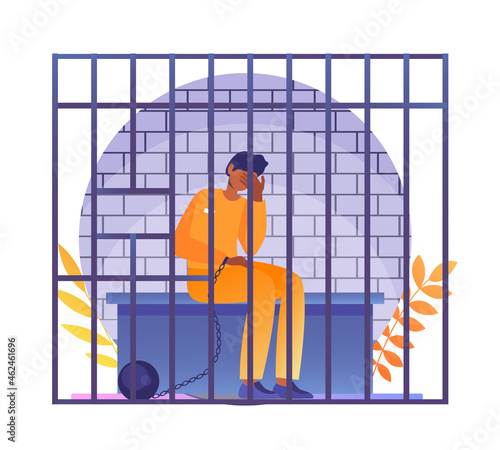 Arrested man sitting behind bars concept. Frustrated criminal. Police have caught thief or murderer. Work of law enforcement agencies. Cartoon flat vector illustration isolated on white background