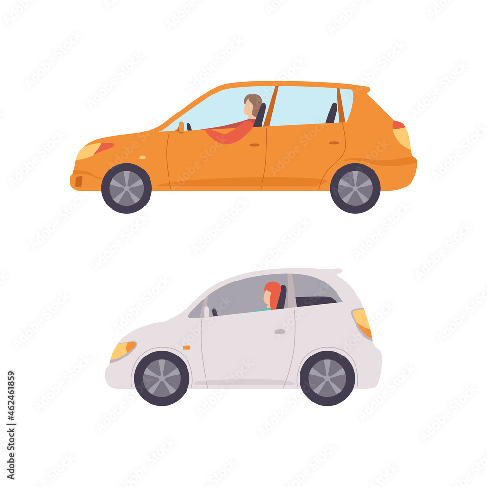 Man and Woman Driving Car Sitting at Driver Seat of Motor Vehicle Vector Set