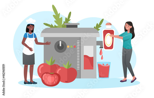 Cooking ketchup concept. Women make tomato paste from fresh vegetables. Electric Device grinds tomatoes. Sauce for dishes. Cartoon contemporary flat vector illustration isolated on white background