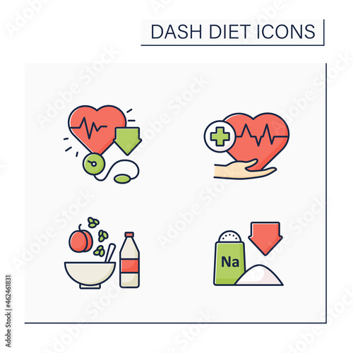 Dash diet color icons set. Reducing blood pressure, low sodium, heart-healthy. Healthy food concepts. Isolated vector illustrations