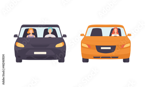 Man and Woman Driving Car Sitting at Driver Seat of Motor Vehicle Vector Set