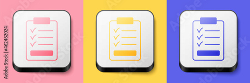 Isometric Clipboard with checklist icon isolated on pink, yellow and blue background. Control list symbol. Survey poll or questionnaire feedback form. Square button. Vector