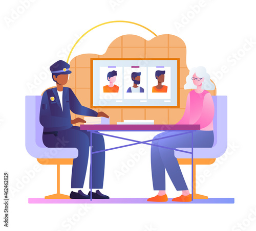 Victim woman at detective concept. Female witness sitting in police station and recognizes criminal from photo. Work of law enforcement agencies. Cartoon flat vector illustration on white background