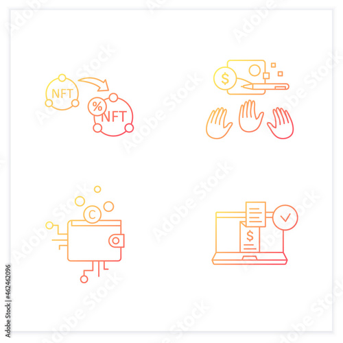NFT gradient icons set.Non fungible tokens resale,cryptocurrency wallet, digital receipt.Unique digital assets.Isolated vector illustrations.Suitable to banners, mobile apps and presentation