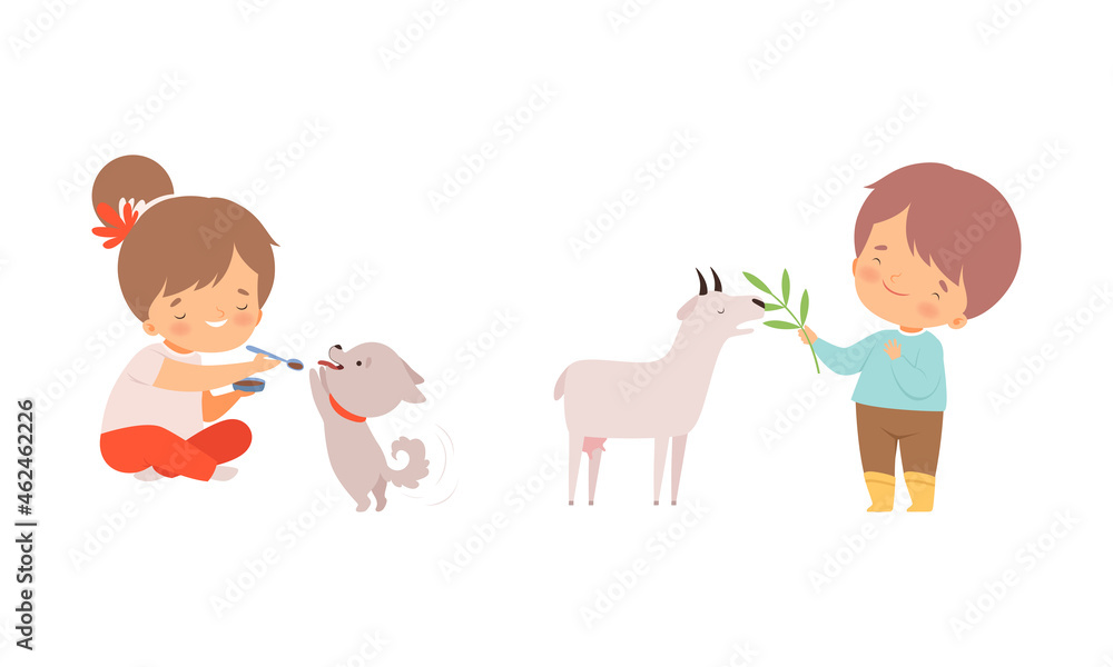 Cute Little Boy and Girl Interacting with Animal in Petting Zoo Vector Set Cute Little Boy and Girl Interacting with Animal in Petting Zoo Vector Set