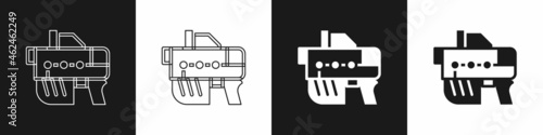 Set Futuristic space gun blaster icon isolated on black and white background. Laser Handgun. Alien Weapon. Vector