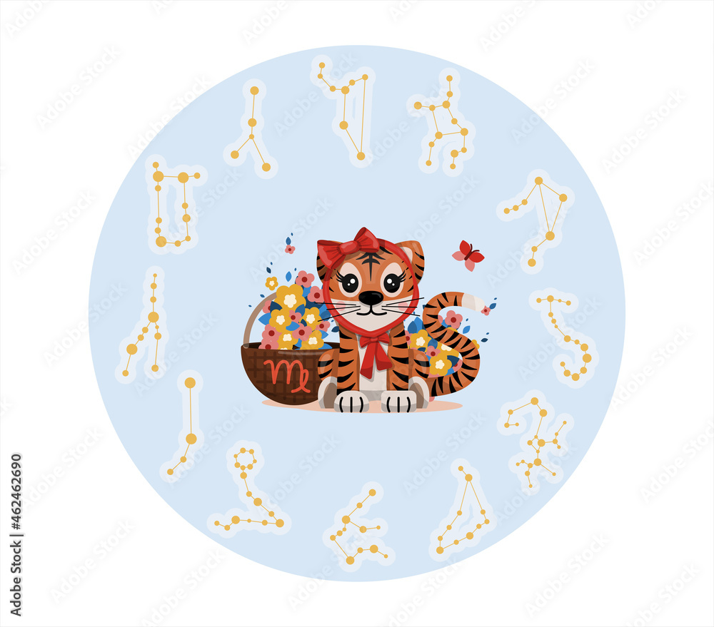 Naklejka premium Tiger cub with virgo zodiac sign Astrological sign icon Vector cartoon illustration Horoscope and Eastern New Year.