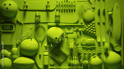 Fototapeta Naklejka Na Ścianę i Meble -  Green Vibrant Sports Wall Equipment Collage Activity 3d illustration render