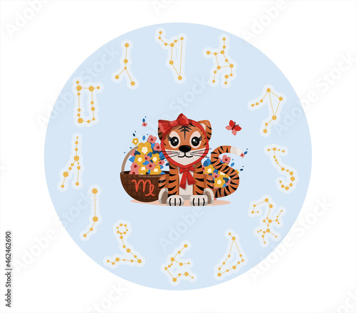 Tiger cub with virgo zodiac sign Astrological sign icon Vector cartoon illustration Horoscope and Eastern New Year.