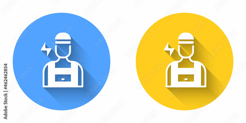 White Electrician technician engineer icon isolated with long shadow background. Circle button. Vector White Electrician technician engineer icon isolated with long shadow background. Circle button. Vector