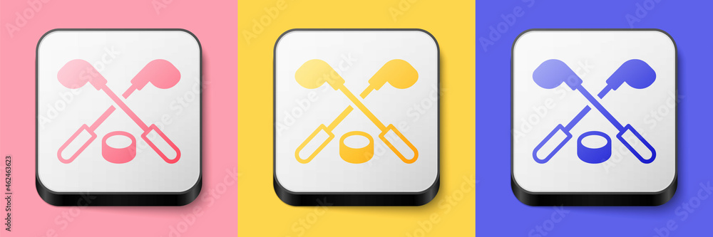 Isometric Ice hockey sticks and puck icon isolated on pink, yellow and blue background. Game start. Square button. Vector Isometric Ice hockey sticks and puck icon isolated on pink, yellow and blue background. Game start. Square button. Vector