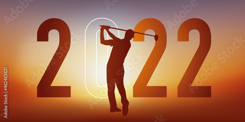 Concept du sport sur le thème du golf pour une carte de vœux 2022, montrant un golfeur faisant un swing.