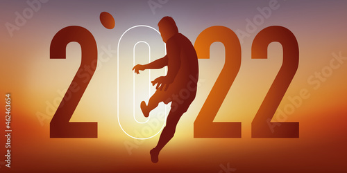 Concept du sport sur le thème du rugby pour une carte de vœux 2022, montrant un rugbyman qui s’élance pour transformer un essais.