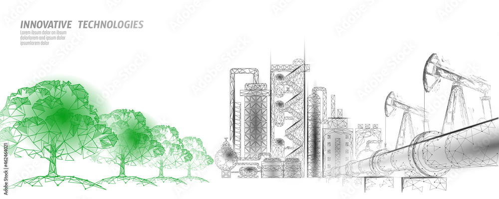 Oil pollution problem concept. Oil gas petroleum environmental disaster pipeline refinery complex. Industry air soil waste toxic solution 3D vector illustration - obrazy, fototapety, plakaty 