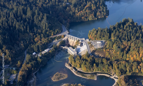 Aerial view from airplane of a water dam by Hayward Lake. Taken near Mission, East of Vancouver, British Columbia, Canada.