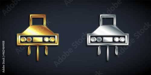 Gold and silver Kitchen extractor fan icon isolated on black background. Cooker hood. Kitchen exhaust. Household appliance. Long shadow style. Vector