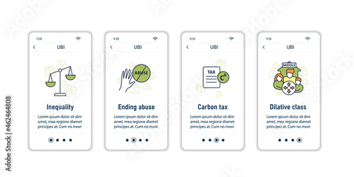 Universal basic income onboarding mobile app screens. Tax declaration, economic growth. Inequality and inflation. Global economy steps menu. Set of UI, UX, web template with RGB color linear icons