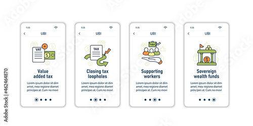 Universal basic income onboarding mobile app screens. Tax declaration, economic growth. Inequality and inflation. Global economy steps menu. Set of UI, UX, web template with RGB color linear icons
