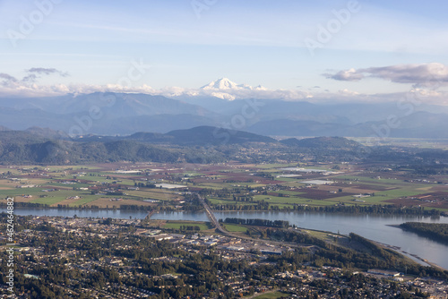 Aerial View of Mission City, Fraser River and Mnt Baker in background. Located East of Vancouver, British Columbia, Canada.