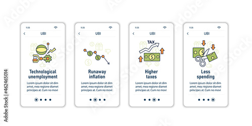 Universal basic income onboarding mobile app screens. Tax declaration, economic growth. Inequality and inflation. Global economy steps menu. Set of UI, UX, web template with RGB color linear icons