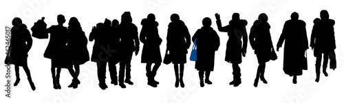 Vector silhouettes of 13 women in winter clothes of different ages and builds. Isolated on white