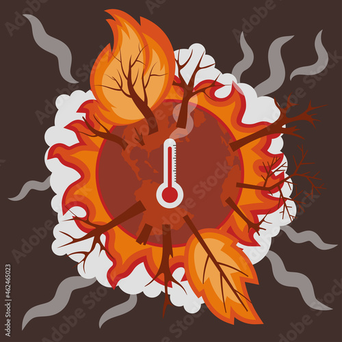 Climate change concept. Illustration of planet in big fire, temperature rise. Vector illustration in flat style