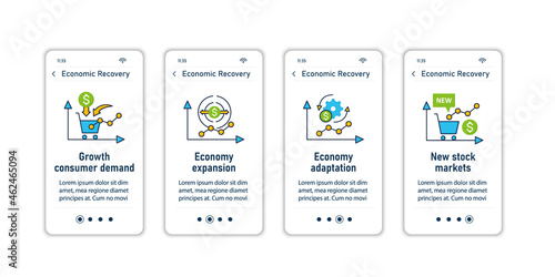 Economic recovery onboarding mobile app screens. Economy variations. Growth period. Business concept. steps menu. Set of UI, UX, web template with RGB color linear icons