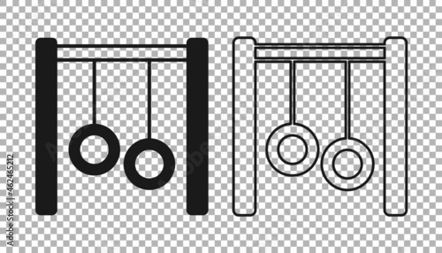 Black Gymnastic rings icon isolated on transparent background. Playground equipment with hanging rope with rings. Vector