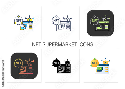NFT supermarket icons set.Ability to buy non fungible tokens. Assets exist in their own cryptosystems.Collection of icons in linear, filled, color styles.Isolated vector illustrations