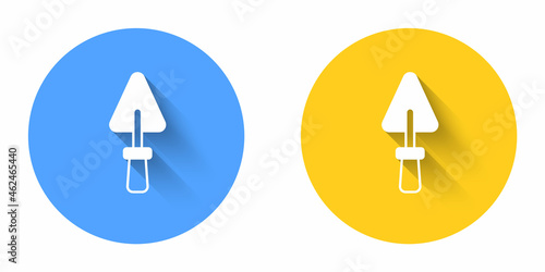 White Trowel icon isolated with long shadow background. Circle button. Vector