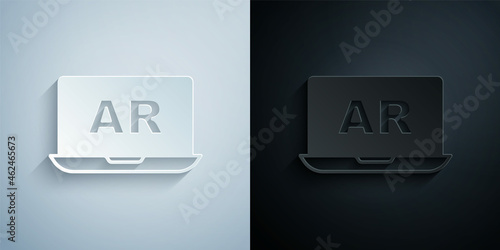 Paper cut Augmented reality AR icon isolated on grey and black background. Virtual futuristic wearable devices. Paper art style. Vector