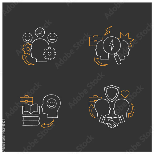 Conflict management chalk icons set.Teaching positive behaviors, building trust,managing emotions, conflict analysis. Isolated vector illustrations on chalkboard