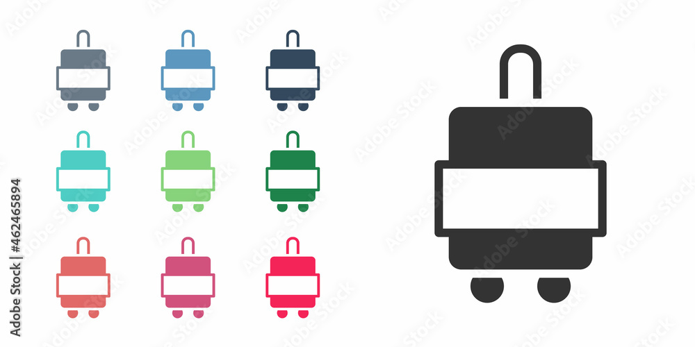 Black Suitcase for travel icon isolated on white background. Traveling baggage sign. Travel luggage icon. Set icons colorful. Vector Black Suitcase for travel icon isolated on white background. Traveling baggage sign. Travel luggage icon. Set icons colorful. Vector