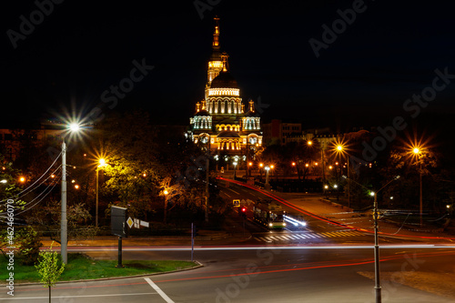 View of illuminated Annunciation cathedral at night in Kharkov, Ukraine