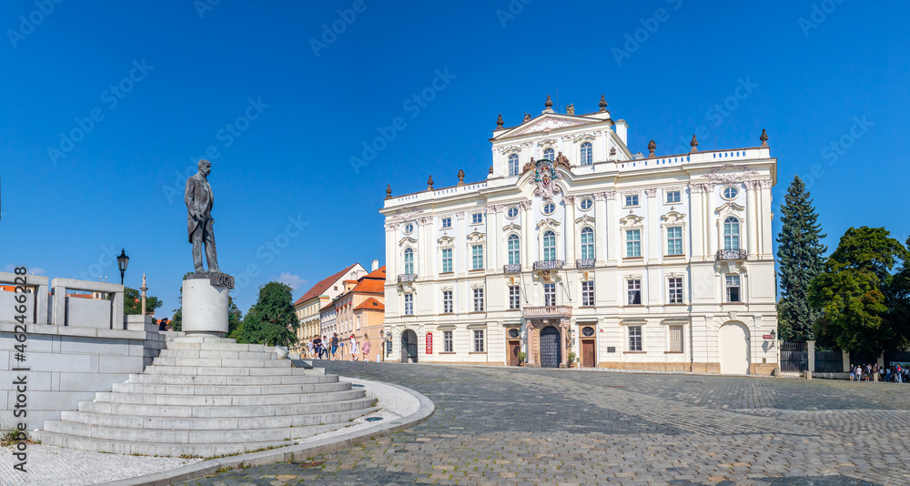Archbishops Palace on Hradcany Square and Statue of Tomas Garrigue Masaryk, Prague Castle, Prague, Czech Republic