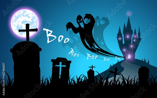 illustration blue background,festival halloween concept,full moon on dark night with many ghost,scarecrow,frankenstein and devil walking to castle for celebration halloween day